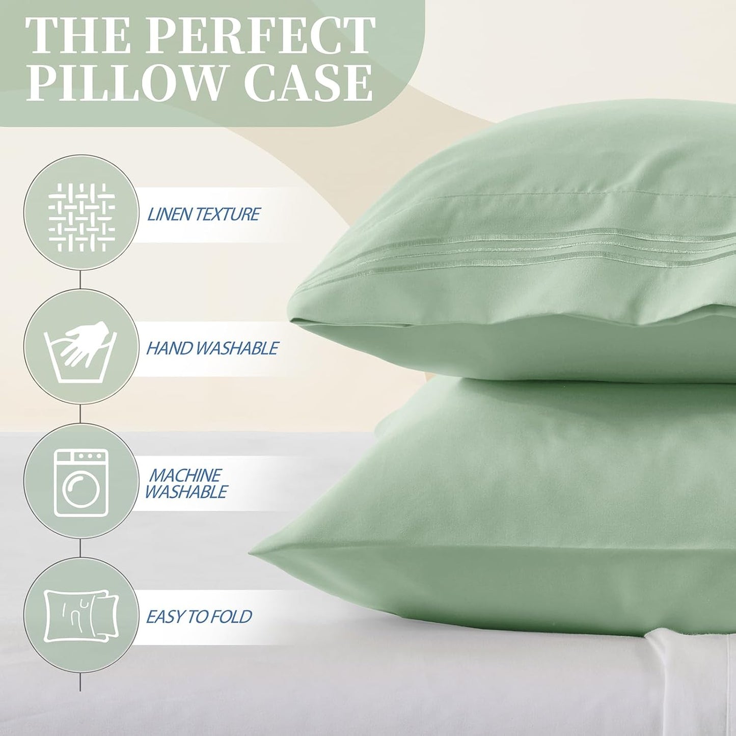 Vonty Pillow Cases - Luxury 1800 Thread Count Microfiber, 20x26 Inch, Sage Green with Envelope Closure