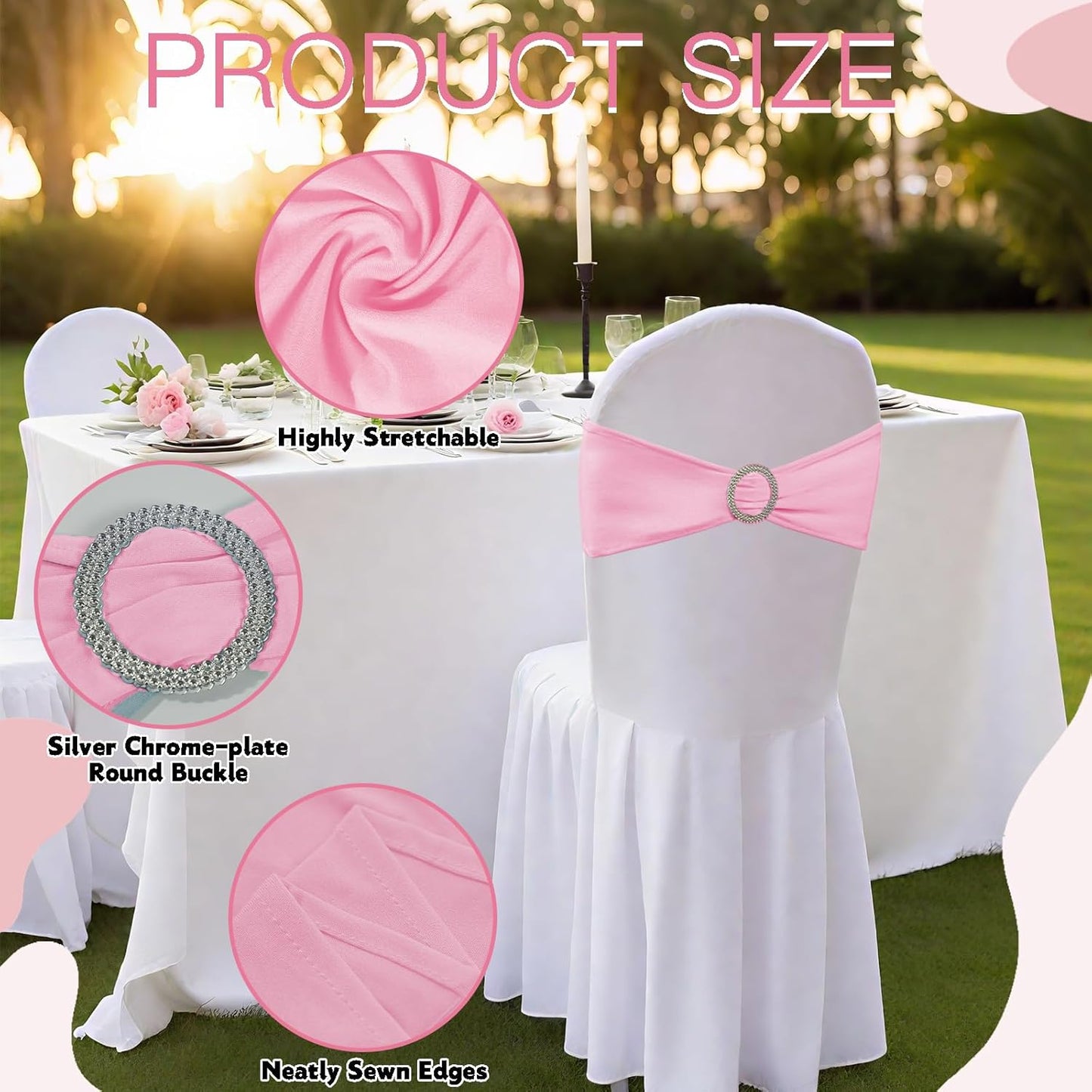 Skiennix Spandex Stretch Chair Sashes - 150 Pack Elastic Covers with Buckle Slider for Weddings & Events | Pink