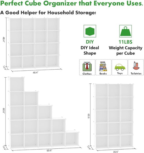 C&AHOME Cube Storage Organizer - 16-Cube Modular Shelves for DIY Closet | 48.4" L × 12.4" W × 48.4" H