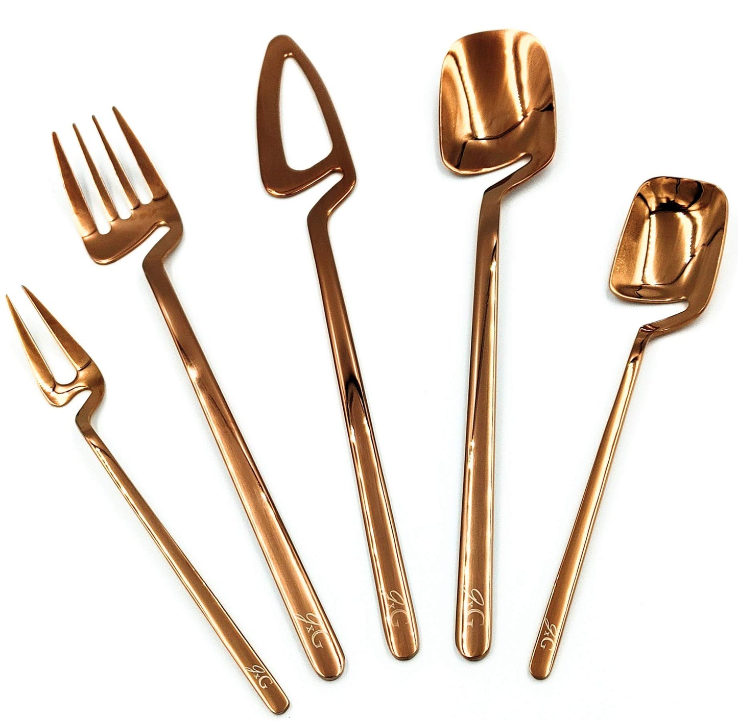 Jade X Ginger Modern Flatware - Luxury Stainless Steel Utensil Elegant Dinnerware Cutlery Set, Dishwasher Safe Forks Knives Spoons, Tableware (Rose Gold, 5pcs, Service for 1)