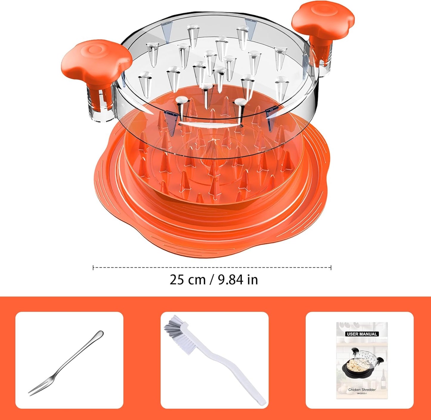 SURETIVIAN Chicken Shredder - Ergonomic Meat Shredder Tool with Brush & Fork | BPA-Free, Anti-Slip, Large Size (Orange)