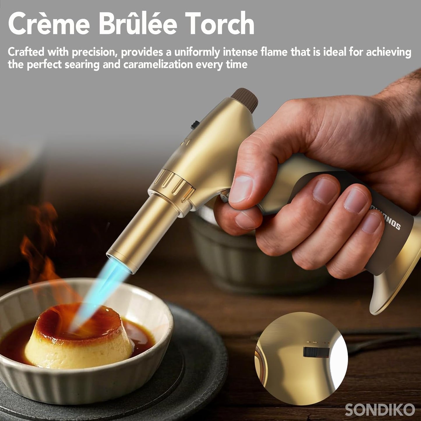 Sondiko Dual Style Butane Torch Lighter - Adjustable Flame Size | Refillable Cooking Torch in Gold