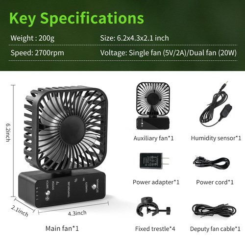 DAOTAILI 2-Pack 4” Grow Tent Fan With Temperature And Humidity Meter,Automatic Humidity Control,Oscillating Fan For Hydroponic Ventilation Circulation With Clips,Adjustable Speed Quiet Greenhouse