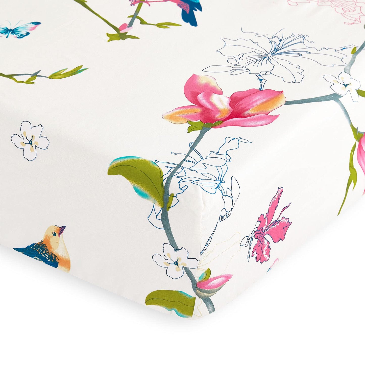 Wake In Cloud - Floral Bed Sheets, 100% Cotton, 4-Piece Sheet Set, Bird Patterned Printed Botanical Boho Flower Aesthetic Bedding, Deep Pocket, Pink Beige, King Size