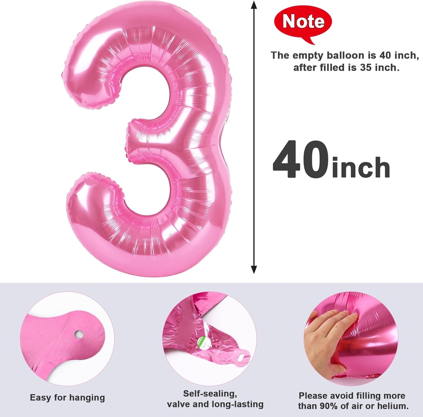 Numbers Balloon 3 - 40 Inch Large Pink Balloon for Three Year Old Birthday Decor | Party Decorations