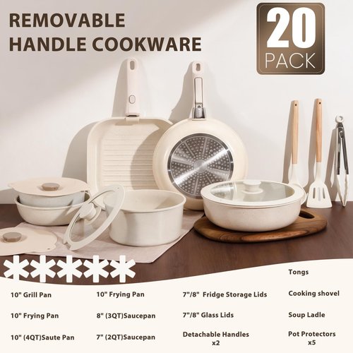 DENENTT Nonstick Ceramic Cookware Set 20-Piece - Pots and Pans Set with Detachable Handle - RV Stackable Kitchen Cooking Set, Induction/Dishwasher/Oven Safe, with Frying, Cream White