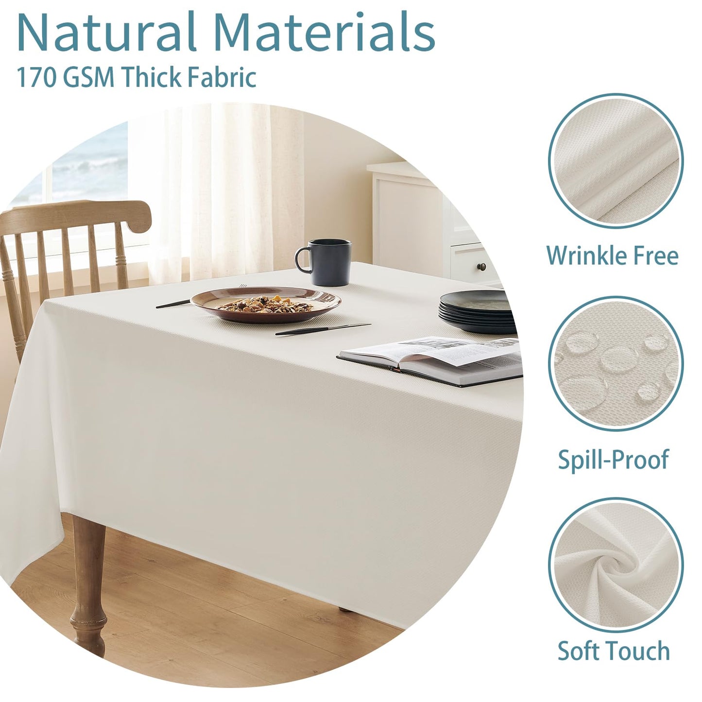Veblandy Textured Tablecloth Rectangle Waterproof Table Cloth, Washable Table Cover Wrinkle Free Fabric Tabletop Decoration for Kitchen, Dining, Wedding, Parties, 52 x 70 Inch, Ivory