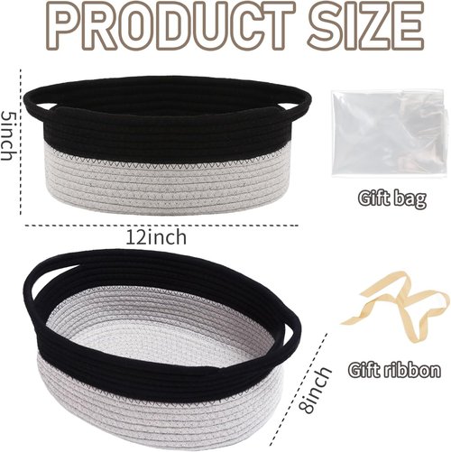JMvicyroam Woven Storage Basket - Small Rope Organizer with Handles for Shelves & Closets | Black & Grey