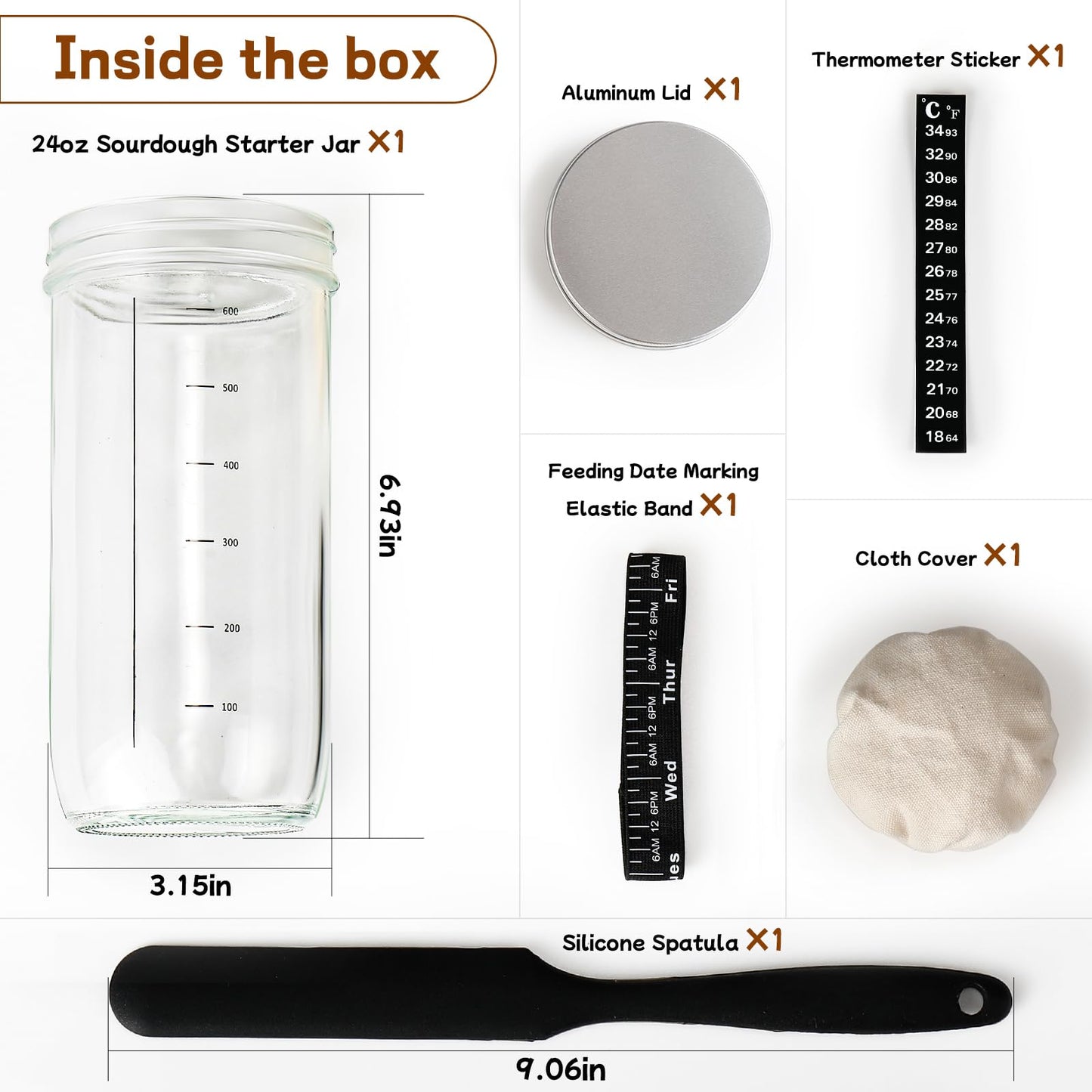 Sourdough Bread Baking Supplies,24 oz Sourdough Starter Jar Glass, Sourdough Starter Kit with Date Marked Feeding Band, Thermometer, Silicone Scraper, Sewn Cloth Cover & Aluminum Lid, Sourdough Jar