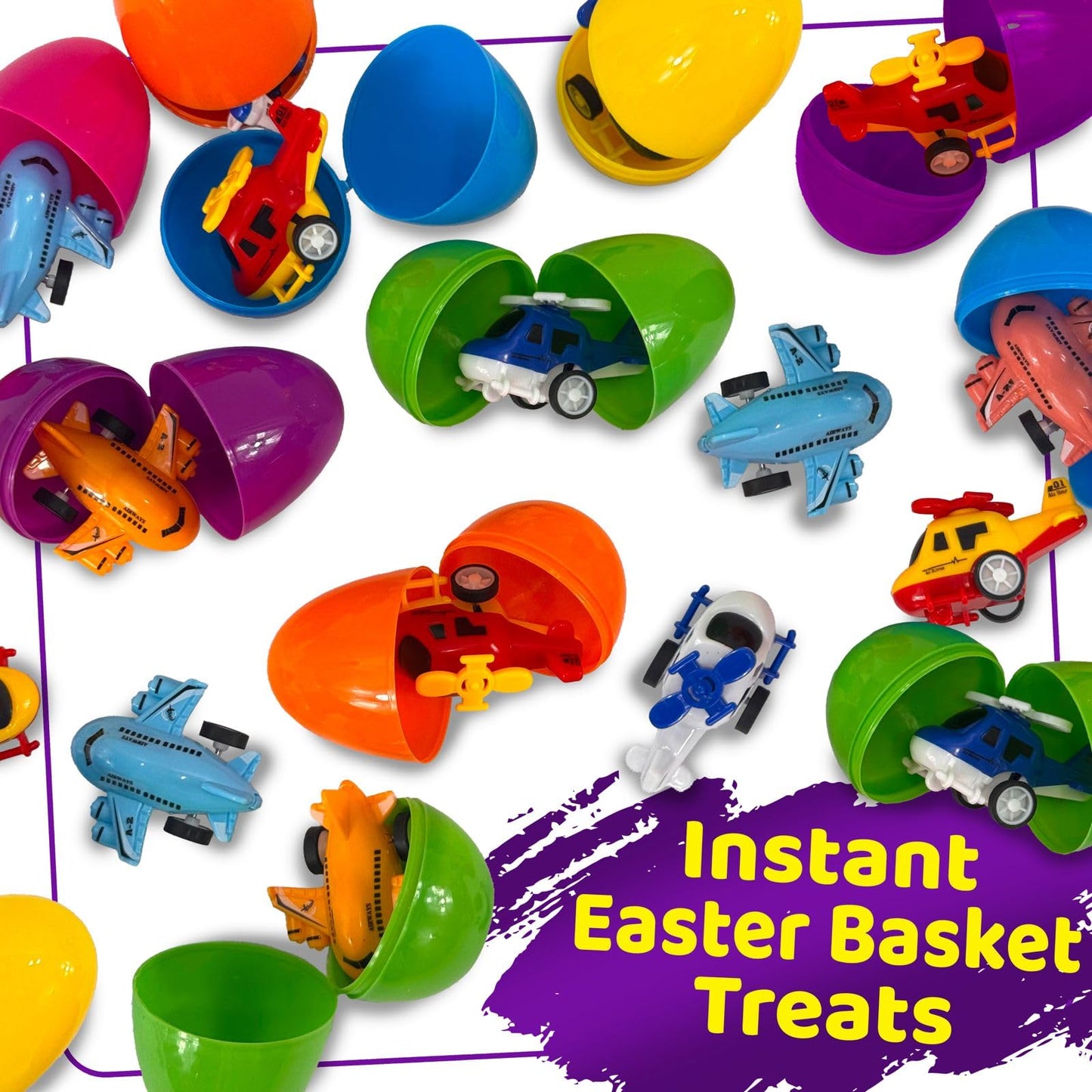 stargo 16 Pack Colorful Prefilled Easter Eggs bulk with toys - mini Aircraft, pull-back Helicopters & Airplanes. Plastic Easter Eggs Filled, Basket Fillers Egg Hunts, Party Favors, Boys Goodie Bags