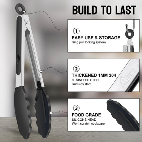 HOTEC Premium Stainless Steel Locking Kitchen Tongs with Silicon Tips, Heat Resistant Cooking Tongs Set of 3-7", 9" and 12" (Black)