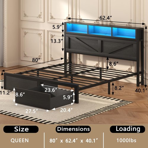 Incyneva Queen Bed Frame - Farmhouse Style with Bookcase Headboard, Charging Station & LED Light - Black