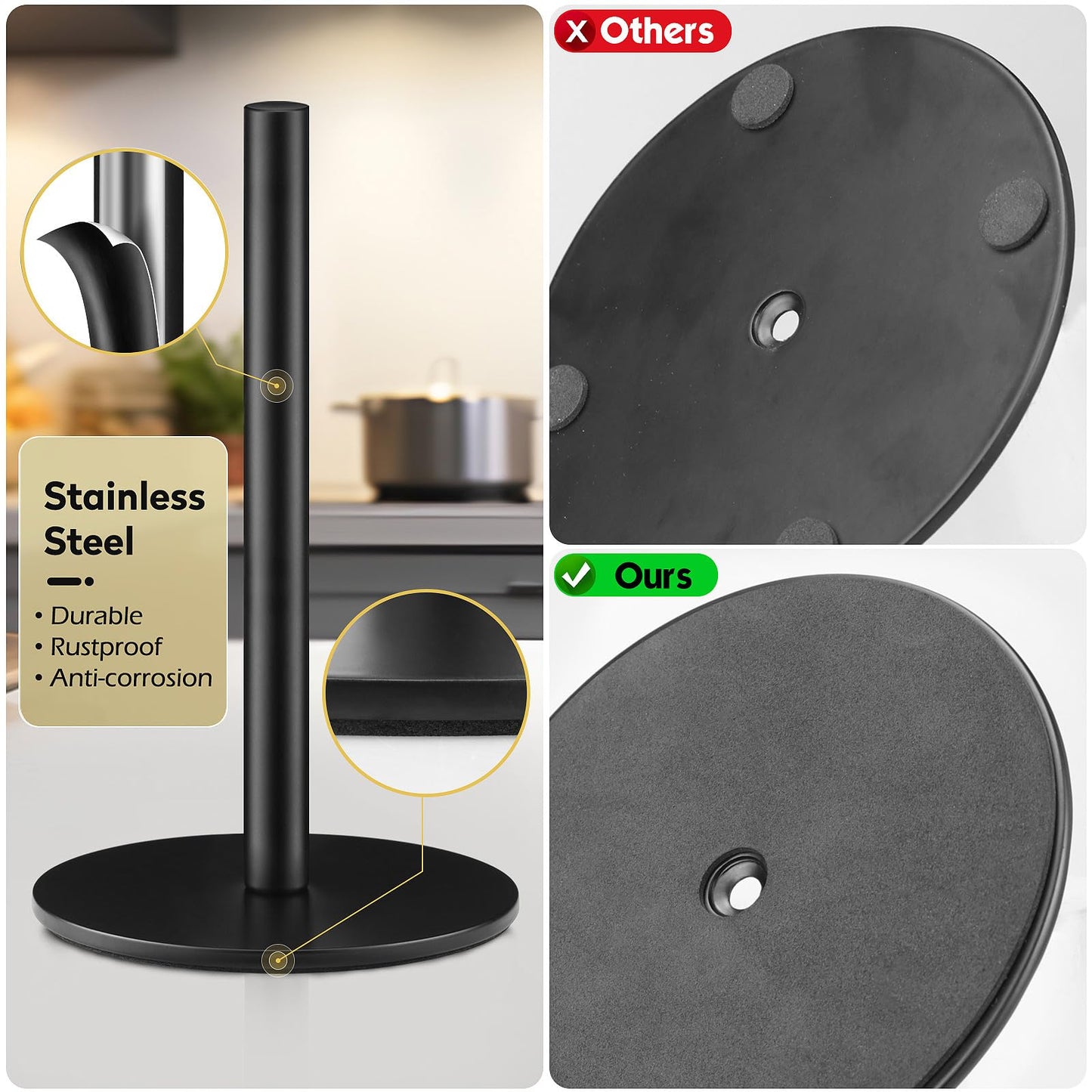 Black Paper Towel Holder, Countertop Paper Towels Holder, Premium Stainless Steel Paper Towel Holder Stand, Non-Slip Kitchen Paper Roll Holders with Weighted Base