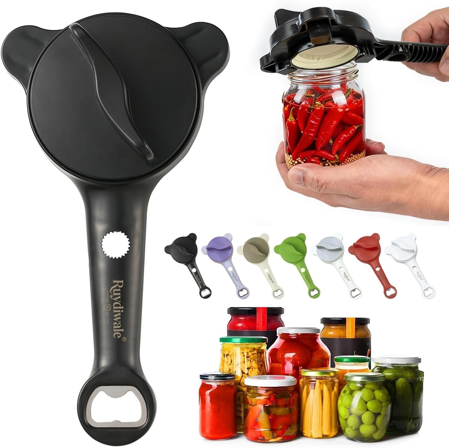 Skiennix 4-in-1 Jar Opener - Adjustable Kitchen Tool for Seniors | Easy Grip Design (Black)