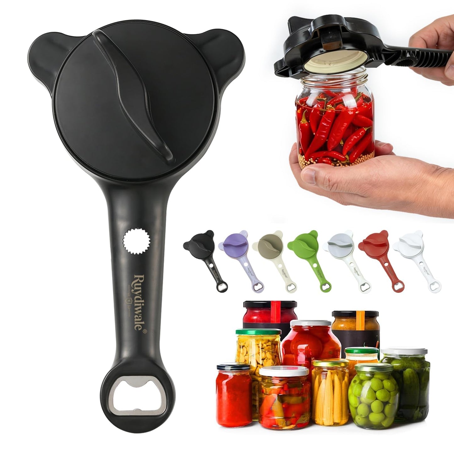 Ruydiwale 4-in-1 Jar Opener, Adjustable Jar Opener for Seniors, Kitchen Tool Designed Specifically for Seniors and Those with Limited Physical Strength, Suitable For Beer, Salad Dressing, Jar (Black)