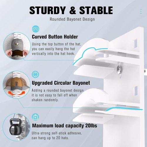 Hat Organizer - Regine Baseball Cap Rack with Strong Adhesive | Holds Up to 40 Hats, Multi-Mount Options (White)