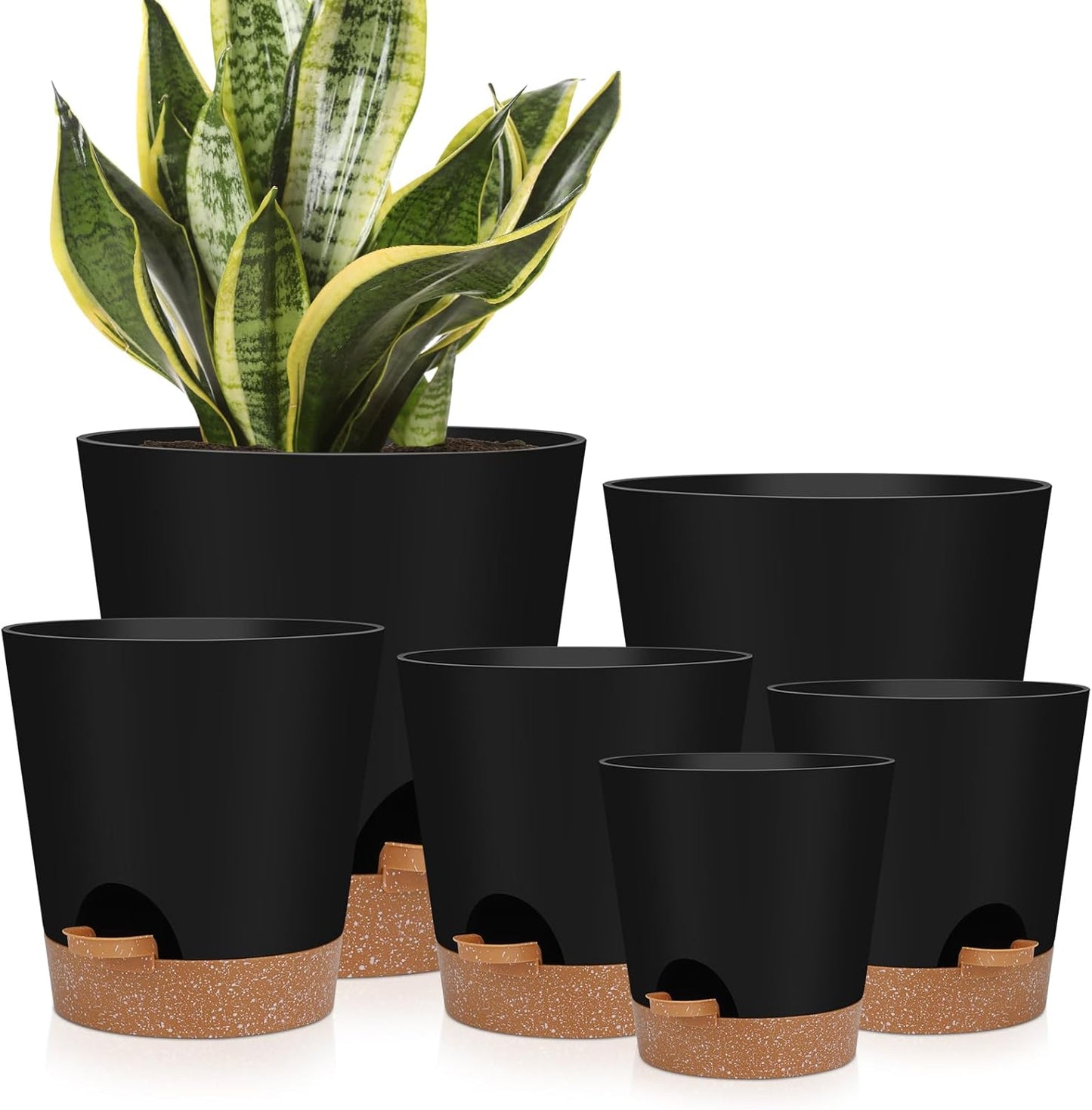 YNNICO Indoor Self-Watering Planters - Drainage Holes & Saucers | Set of 6 Pots in Black (5-8 Inches)