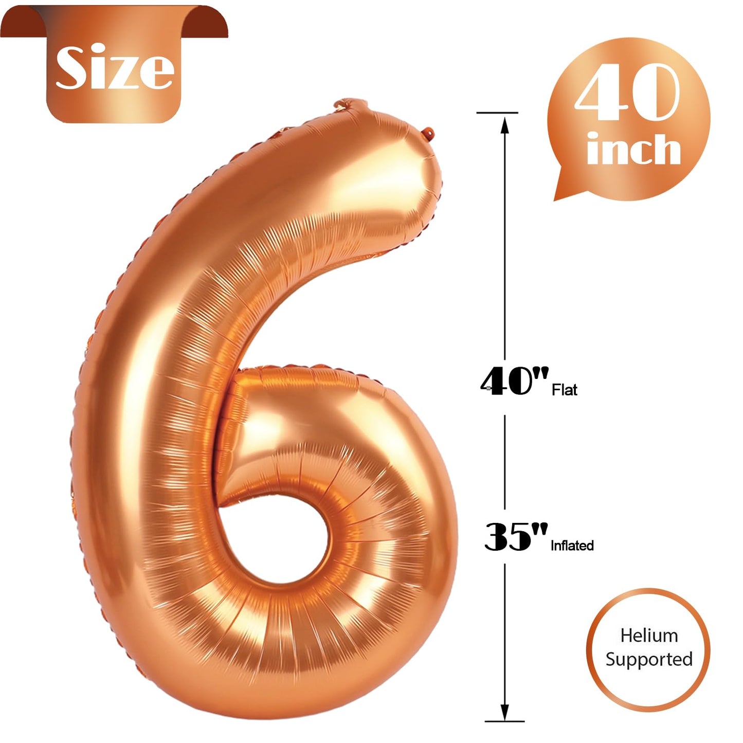 Orange 6 Balloon, Number Balloons 40 Inch, Orange Party Supplies 6th Balloons for Birthday, 6 Birthday Balloon, Number 6