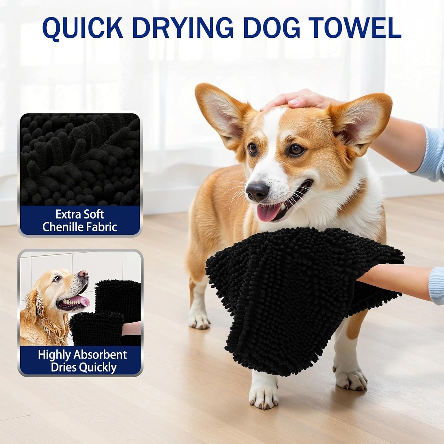 OLANLY Chenille Dog Bath Towel - Ultra Absorbent Quick Dry Plush Towel for Large Dogs & Puppies | 31x13, Black