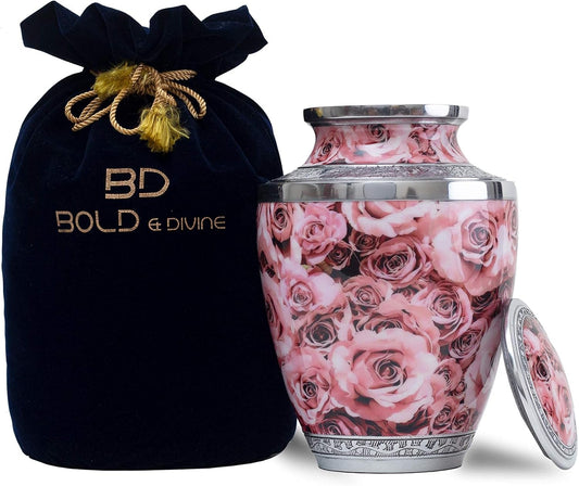 BOLD & DIVINE Hand Painted Pink Rose Cremation Urn | Human Ashes Adult Memorial urn, Burial, Funeral Cremation Urns |200 Cubic Inches Adult Large