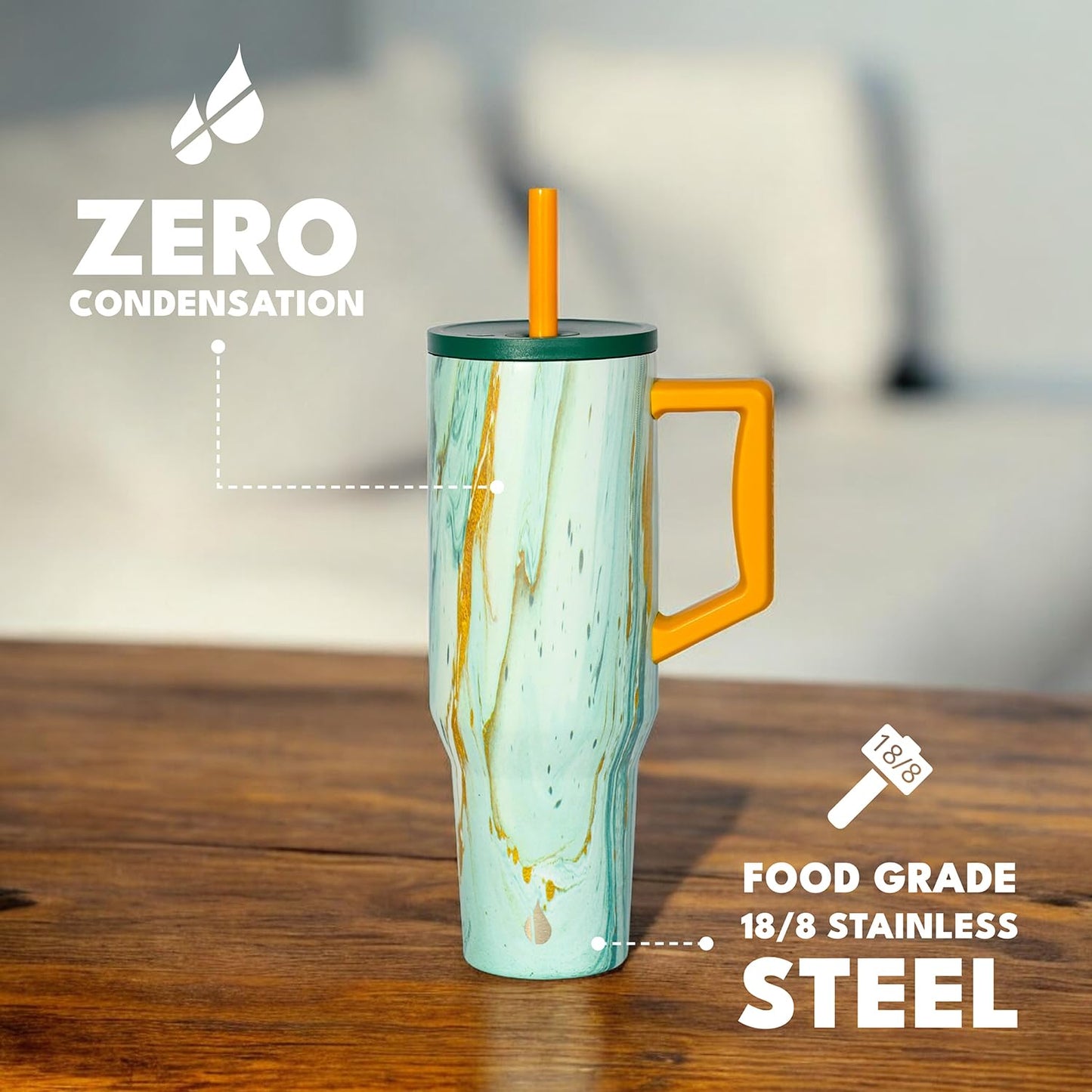 Elemental 40 oz Tumbler with Handle and Straw - Spill Proof Insulated Stainless Steel Commuter for Cold Beverages - Travel Coffee Mug with 2 Straws & Spill Proof Lid - 40oz - Aurora Glow