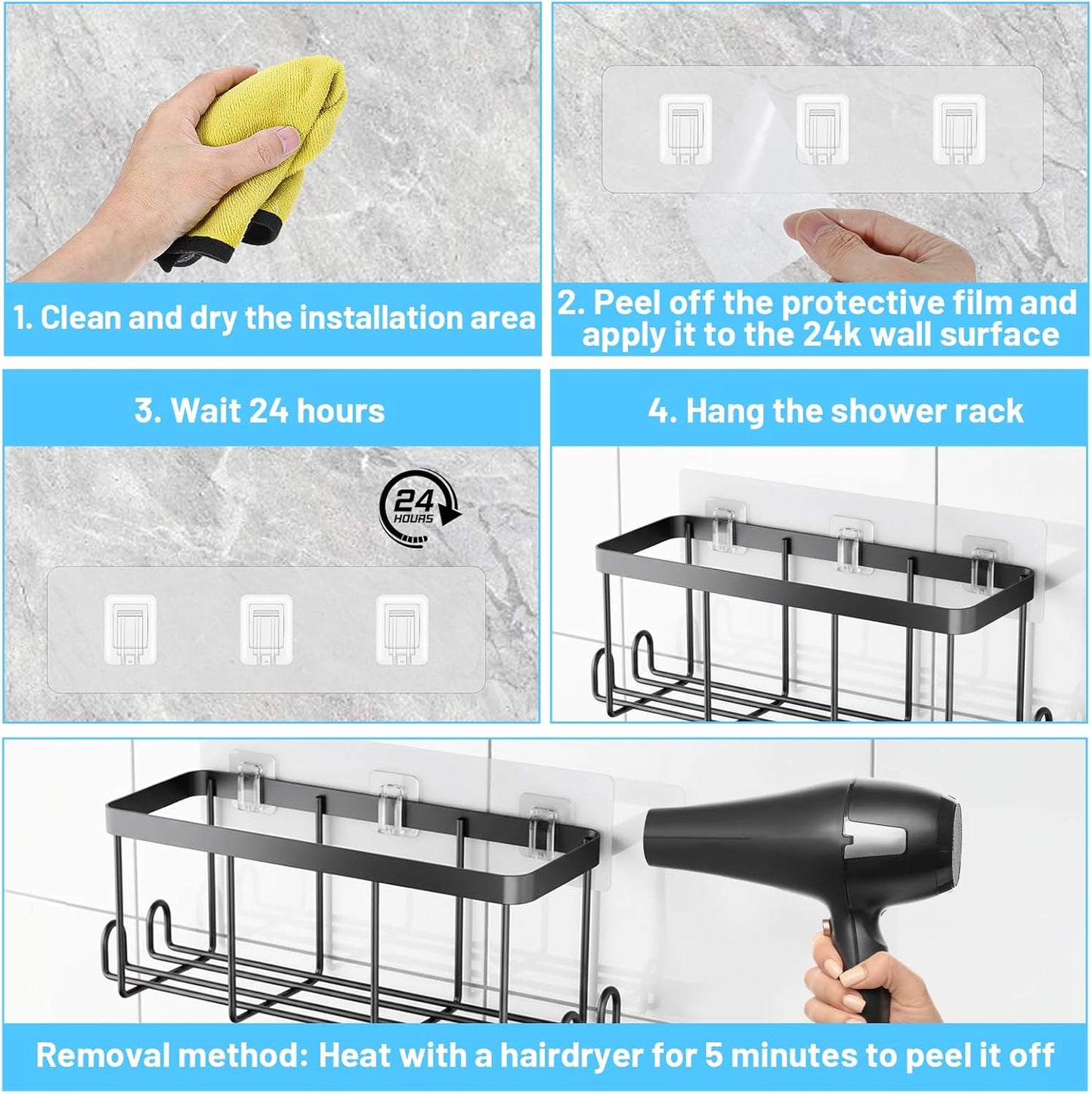 Skiennix Shower Caddy Adhesive Hooks - Waterproof, Strong Adhesive, No Drilling | 14 Pack for Bathroom & Kitchen