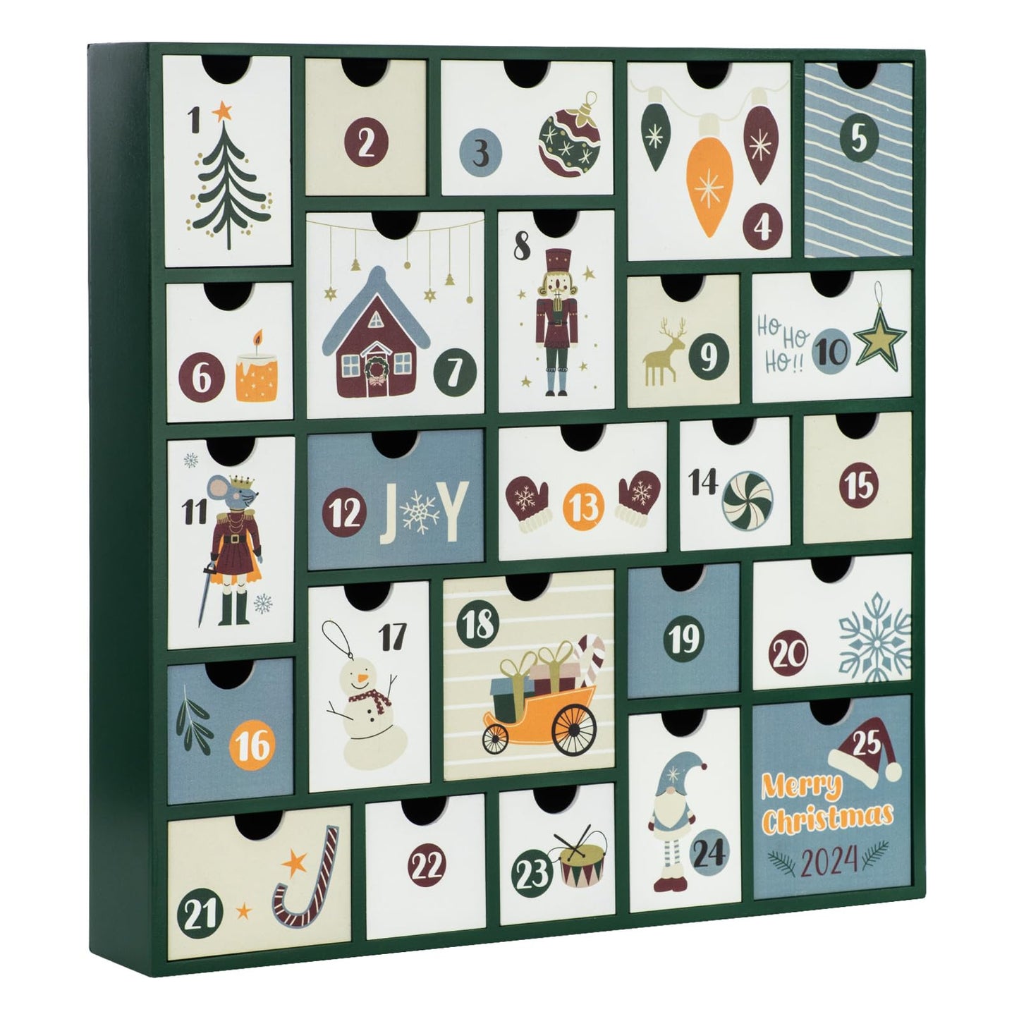 GUOER 2025 Wooden Advent Calendar, 13 Inch Christmas Advent Calendar with 25 Large Drawers, Christmas Countdown Calendar, Premium Wood Hand Painted Refillable Advent Cute Holiday Decoration (Green)