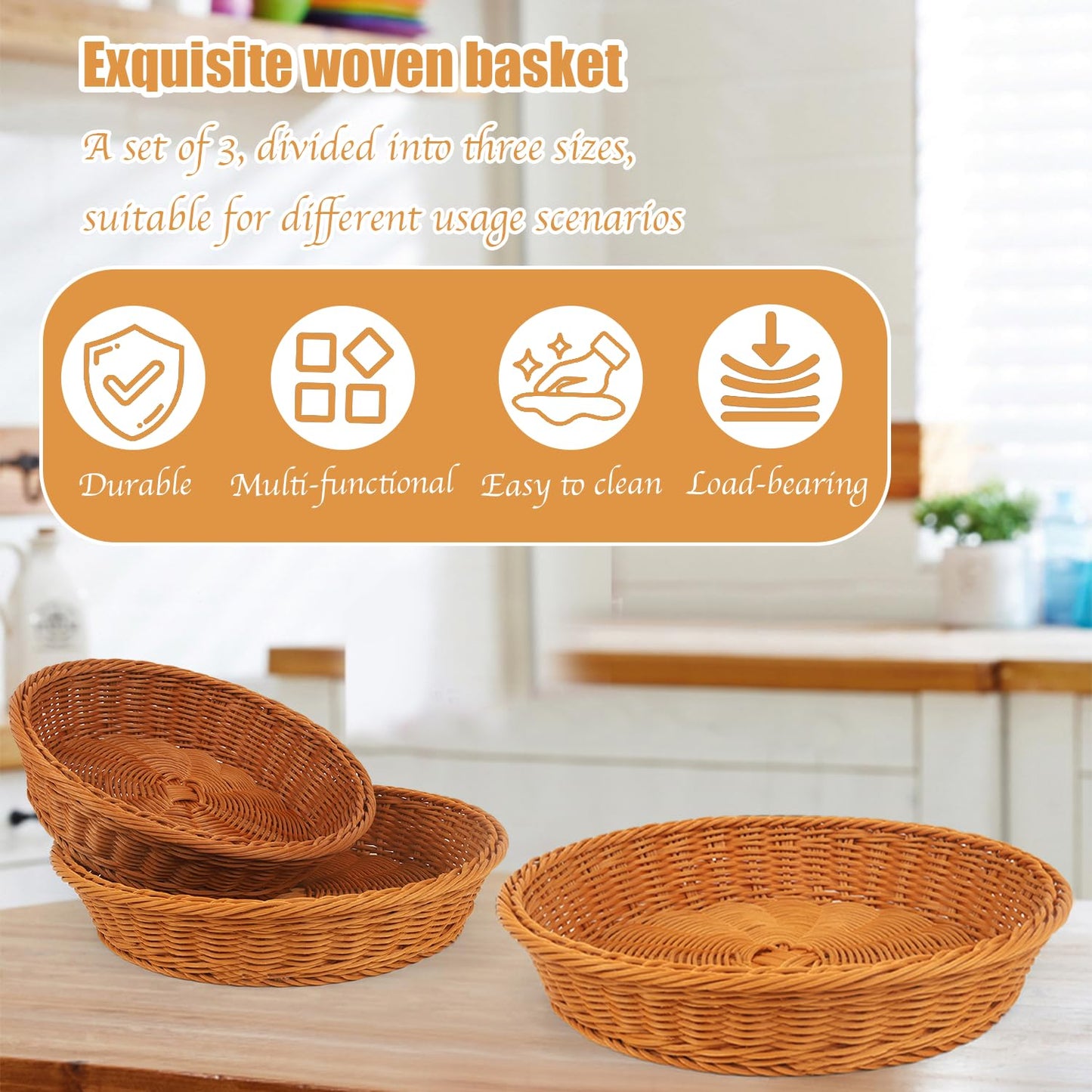 Round Wicker Basket, 3 Pack Rattan Food Serving Baskets Wicker Bread Basket For Fruit, Vegetables, Breakfast, Drinks, Snacks, Dining Coffee Table, 15.5, 13.8, 11.8 Inches (Brown)