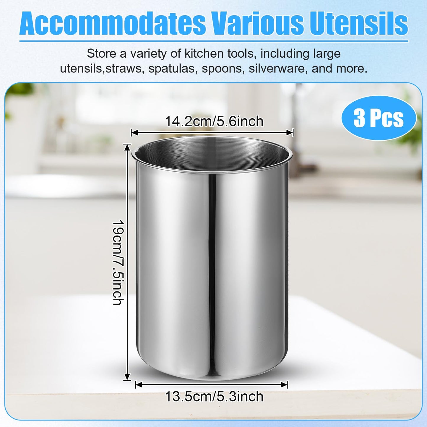 HOFURME 3 Pcs Cooking Utensil Holder for Kitchen Counter, 5.6 x 7.5 inch Metal Utensil Crock Stainless Steel Utensils Holder Container Canister Spatula Spoon Caddy Organizer (Silver)