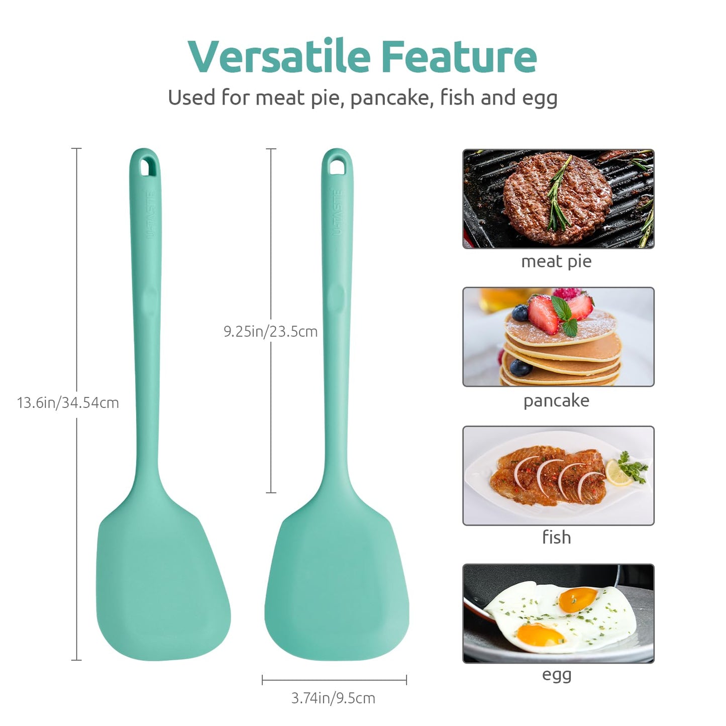 13.6" Solid Silicone Turner: U-Taste 600ºF Heat Resistant Kitchen Spatula Flipper, Food Grade Flexible Wide Seamless Rubber Cooking Utensil for Egg, Pancake, Burger in Nonstick Cookware (Aqua Sky)