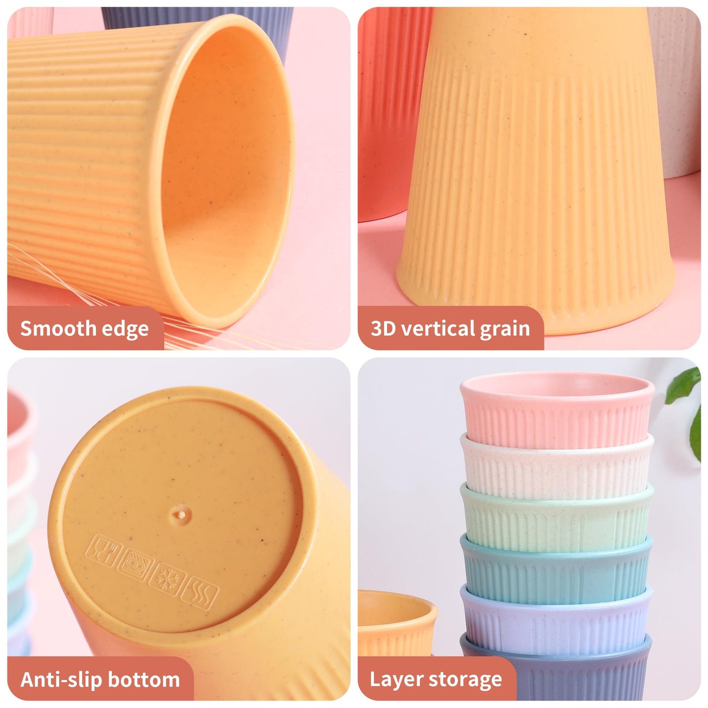 becutlery Wheat Straw Cups, Unbreakable Drinking Cup Dishwasher Safe Water Glasses with 8 Colors for Drinking Water, Juice,Milk, Soda, Coffee,Easy to Clean & Reusable (8 Pcs)