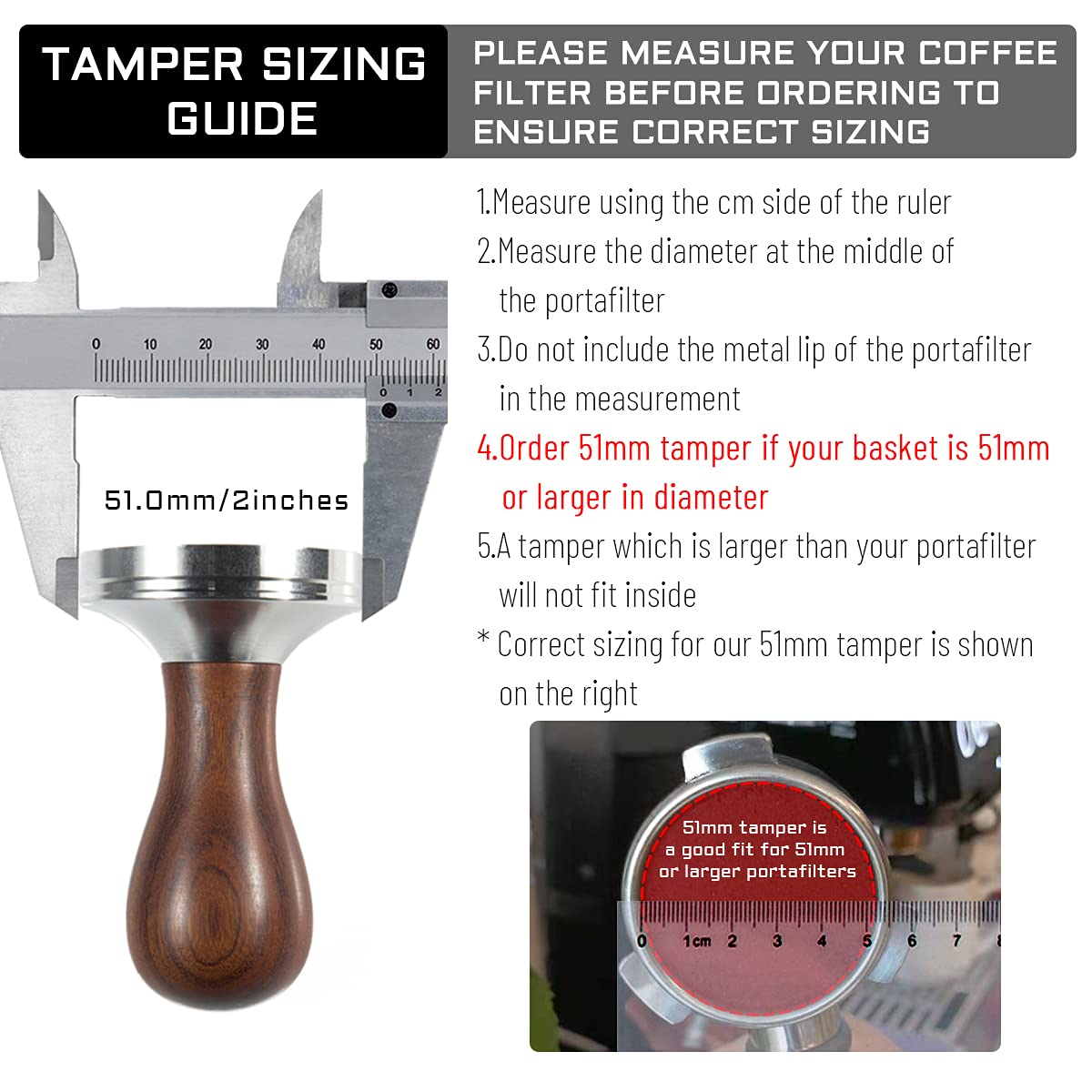 USEAMIE Coffee Tamper Espresso Press with Tamper Mat 304 Stainless Steel Flat Base Wooden Handle for Coffee Grounds Barista Espresso Machines Accessory (51MM)