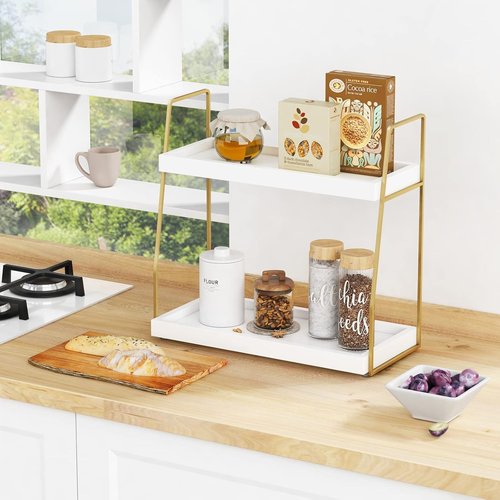 Forbena Bathroom Organizer - Elegant 2-Tier Wooden Sink Shelf for Vanity Storage | White and Gold