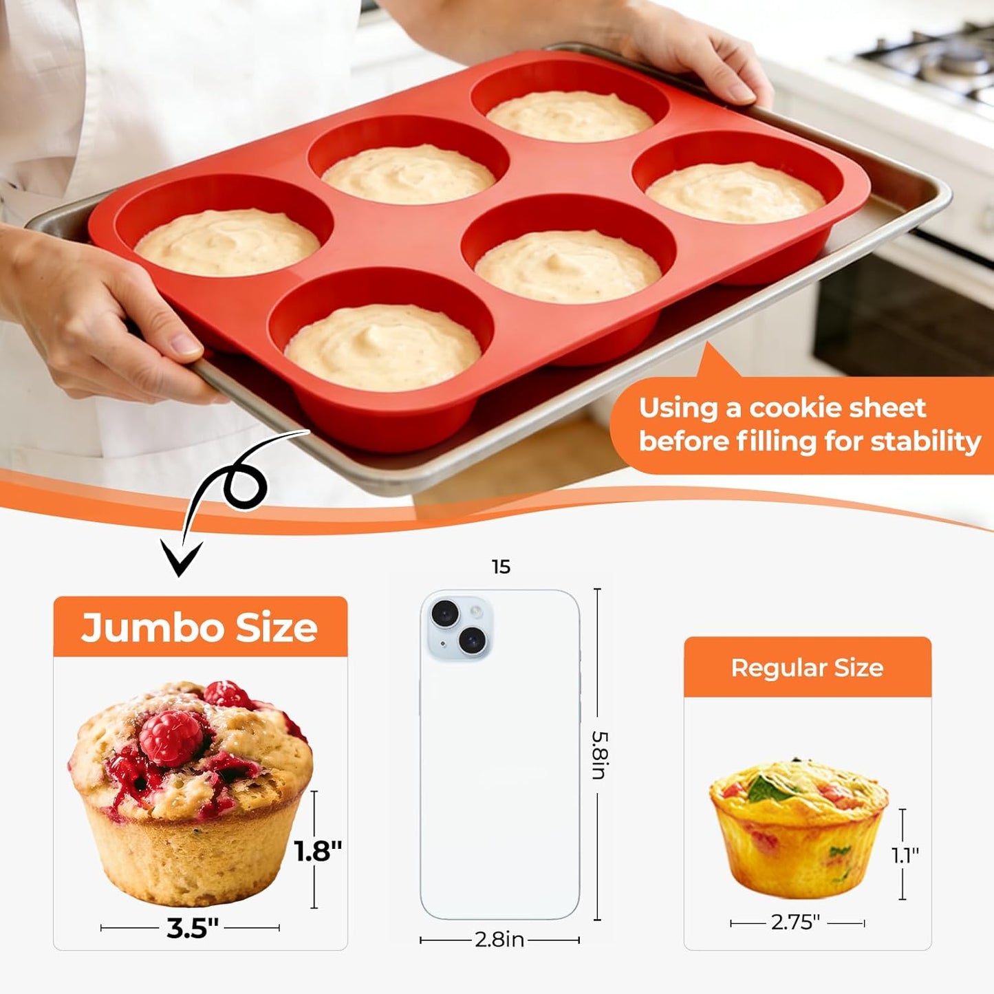 Skiennix Jumbo Muffin Pan - 6 Cup Silicone Baking Mold | 3.5 Inch Non-Stick Design for Easy Release