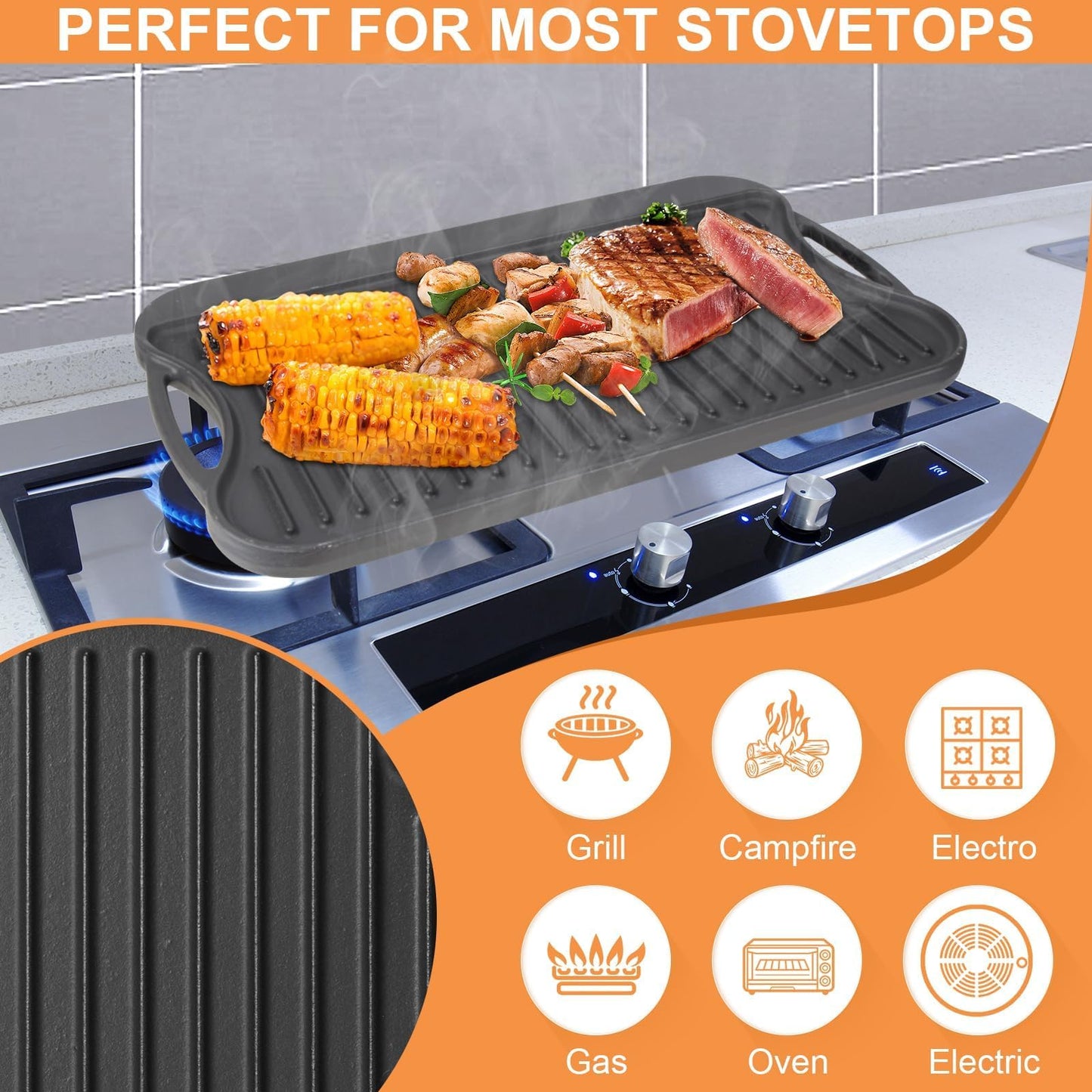 PETKAO Large Cast Iron Griddle Insert, Skillet, Oblong Grilling Pan for Stovetop,Pre-Seasoned Stovetop Griddle Gas Stove Grill Plate Oven, 17" x 10" Reversible Pancake Pan for Weber,Charbroil etc.,1PC