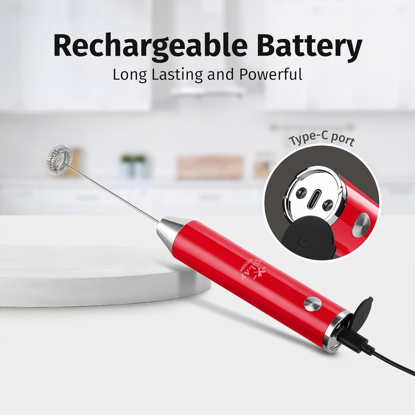 Zulay Kitchen Rechargeable Milk Frother - Powerful 2-Speed Motor & Waterproof Design | 2000mAh Battery - Scarlet Color for Lattes, Cappuccinos, Matcha & Protein Powder