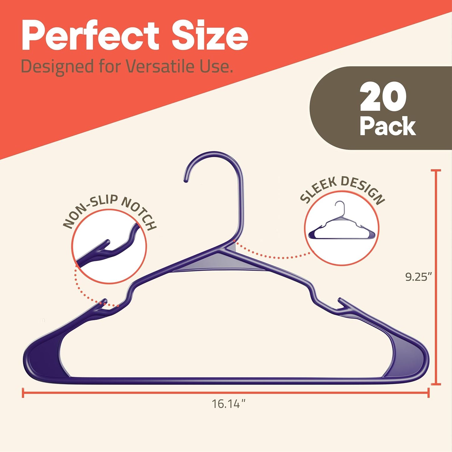 Purple Plastic Hangers - Heavy-Duty Slim Design | 20 Pack with Non-Slip Shoulder Notches for Dresses & Suits