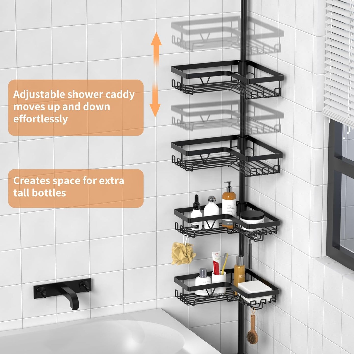 KEGII Adjustable Black Shower Caddy Tension Pole - Rustproof Bathroom Organizer with 2 Towel Bars | 25–114.2 Inch