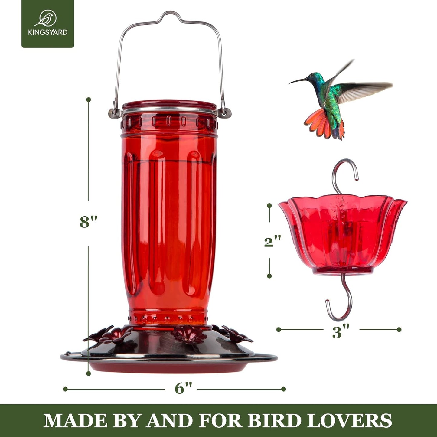 Kingsyard Glass Hummingbird Feeder - 6 Feeding Ports with Ant Moat | Red Outdoor Garden Decor
