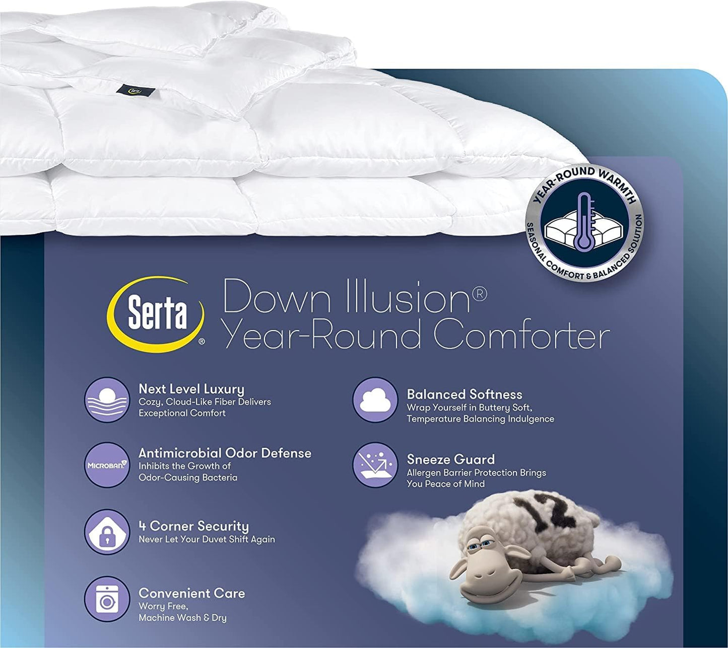 SERTA Down Illusion Comforter - Hypoallergenic Down Alternative | Full/Queen Size, White