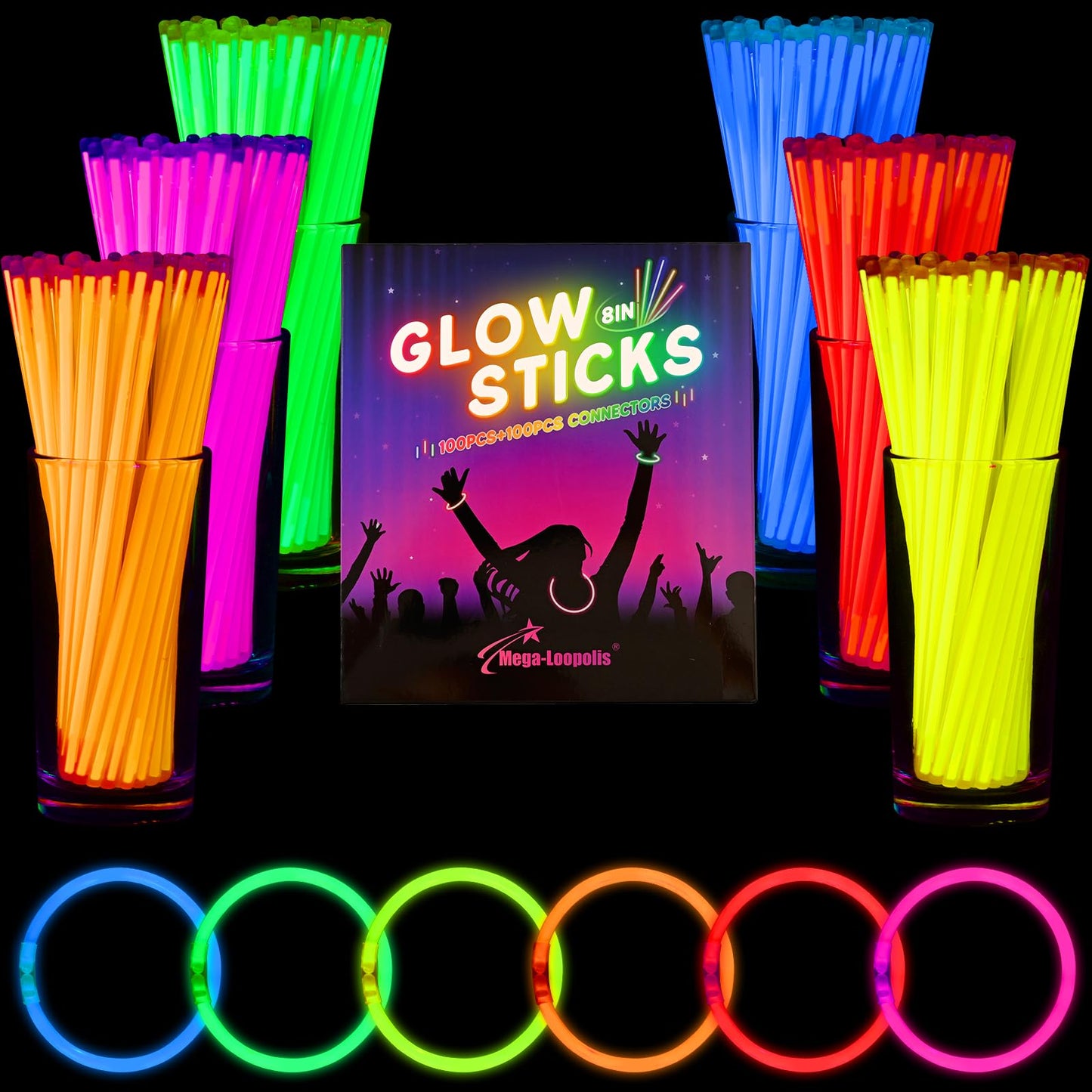 Mega-L 1000 Pcs Glow Sticks Bulk Party Pack, Glow in the Dark Party Supplies, 8" Ultra Bright Glow Necklaces and Bracelets with Connectors for Neon Glow Birthday Pool Party, New Years Eve Party Favors