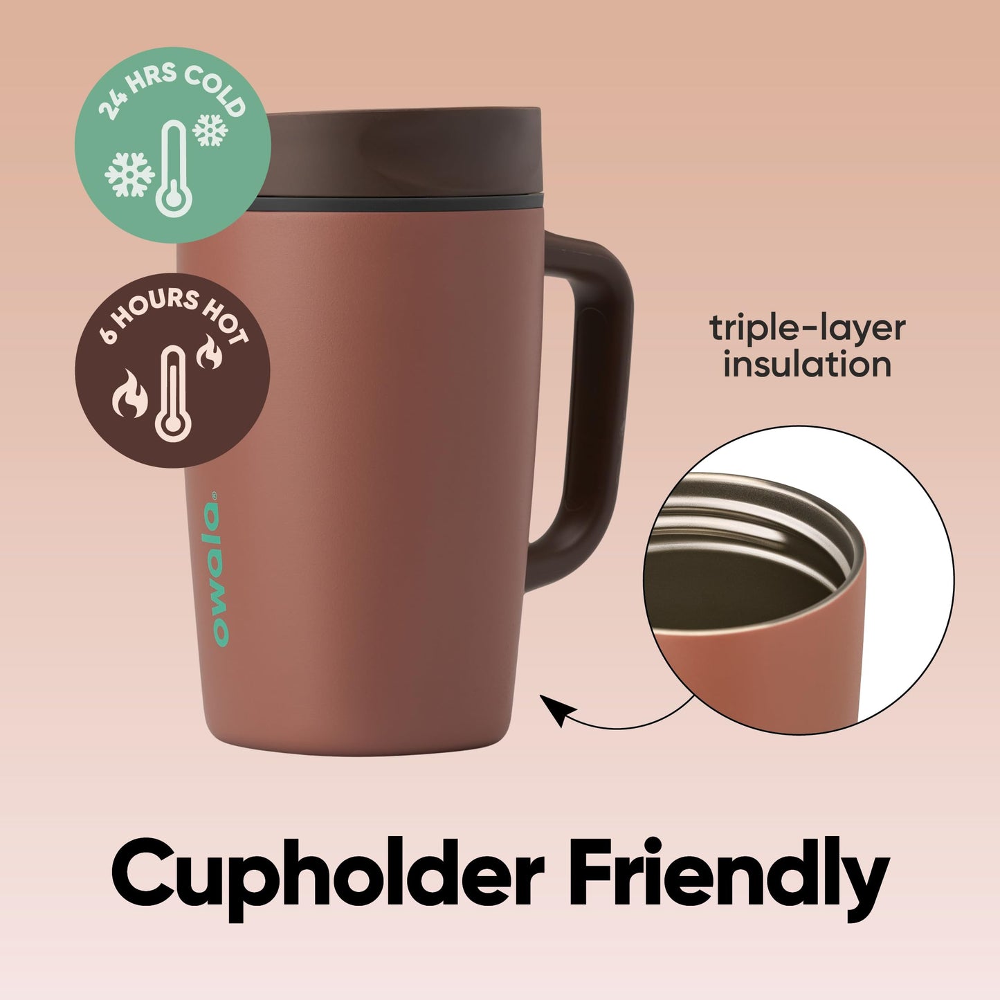 Owala SmoothSip Slider Stainless Steel Insulated Travel Mug with Handle, 100% Leak Proof, For Hot and Cold Drinks, Travel Friendly with Sliding Lock Lid, 12oz, BPA Free, Leak Proof, Cozy Cocoa