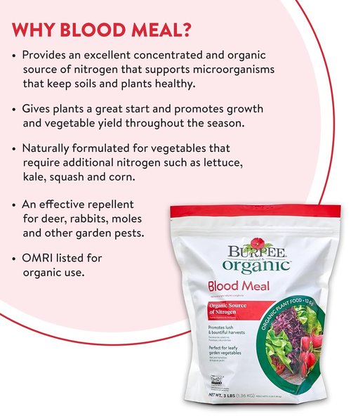 Burpee Organic Blood Meal Fertilizer - Natural Nitrogen Source for Tomatoes & Leafy Greens | 3 lb, 1-Pack