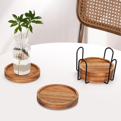 4 Pcs Farmhouse Wooden Coasters with Holder Cute Wood Drink Coaster Set Outdoor Beer Costers Home Decoration Coffee Table Decor Gift Cup Coaster Bar Kitchen Dining Table Accessories Modern Coasters