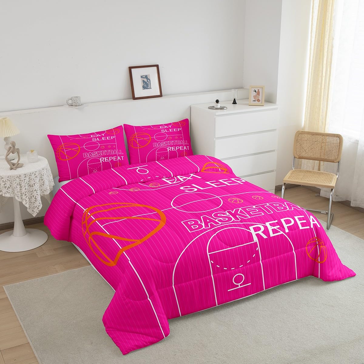 jejeloiu Kids Basketball Comforter Set Full Size Basketball Court Comforter Boys Girls Eat Sleep Basketball Ball Pattern Bedding Set Gaming Sports Theme Pink Quilt Set