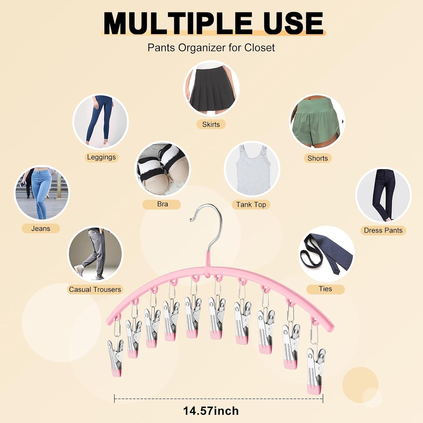 Skiennix Legging Organizer - Space-Saving Metal Yoga Pants Hangers | 2-Pack with 10 Clips, Pink