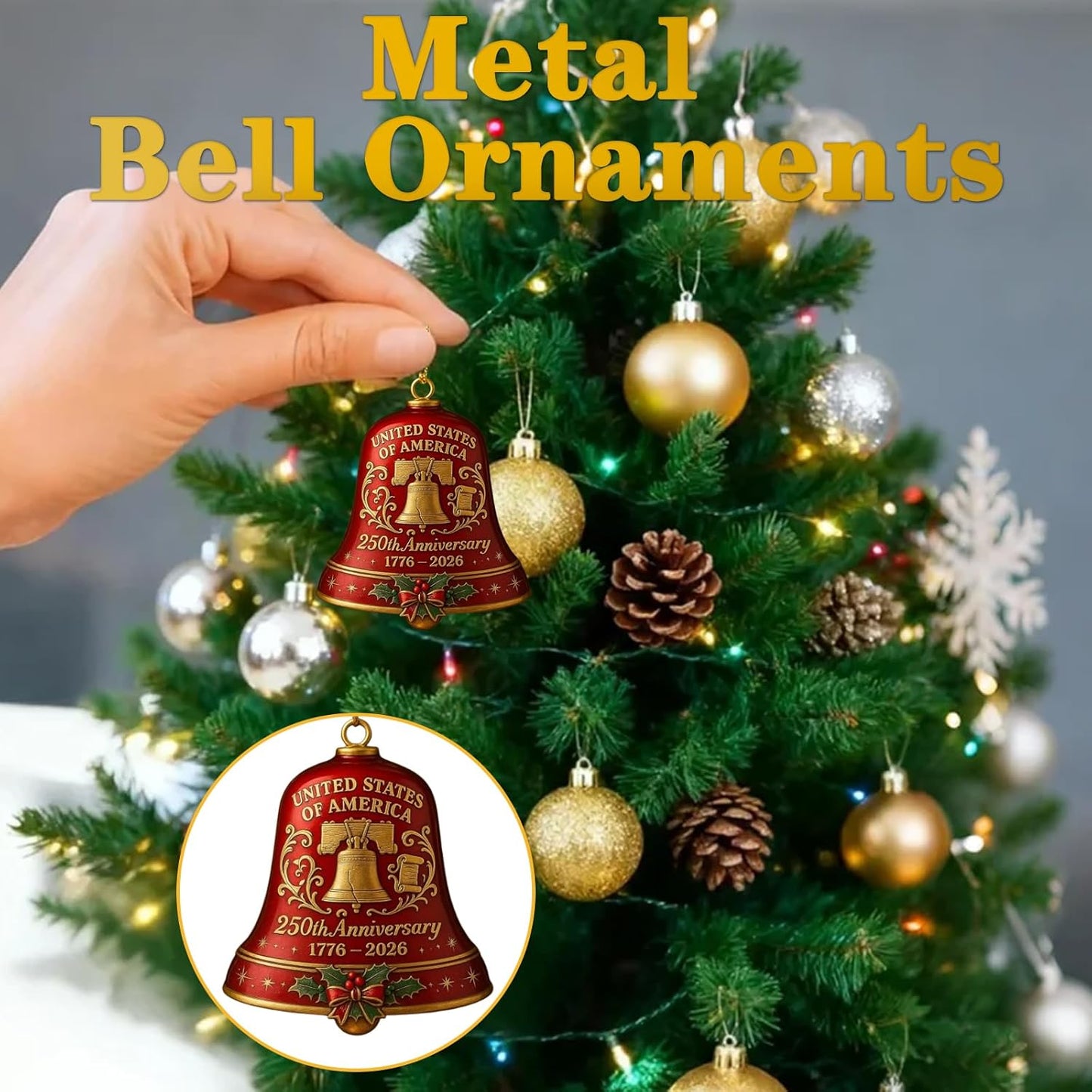USA 250th Anniversary Bell Ornament - 3D Vintage Metal Design for Patriotic Holidays | Set of 2 Red & Blue