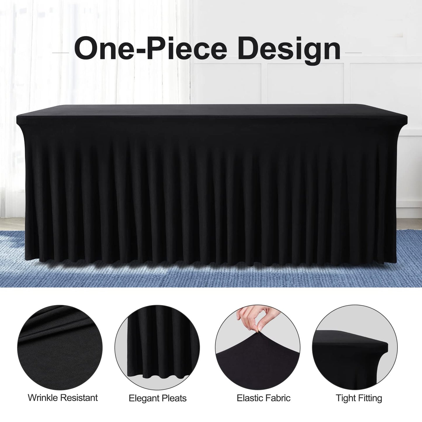 BDDC Table Skirts for Rectangle Tables 6ft - One-Piece Black Tablecloths and Skirt, Wrinkle Resistant Ruffles Elastic Cover for Banquets, Weddings, Events, Parties