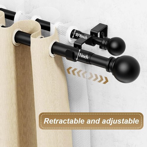 GXOACKJ Double Curtain Rods - Adjustable 36 to 90 Inch Heavy-Duty Drapery Rods with Round Finials | Black
