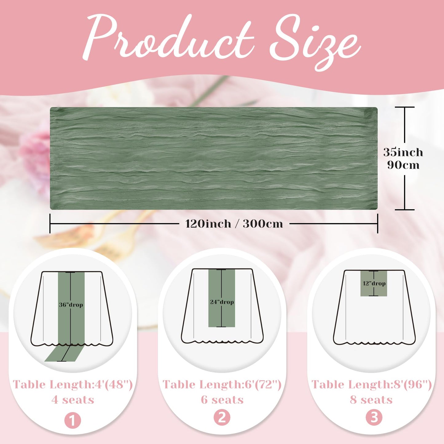 Sage Green Cheesecloth Table Runner, 10 Ft Easter Boho Table Runner, 120 in Spring Rustic Table Runners for St Patrick's Day, Wedding, Party, Baby & Bridal Shower
